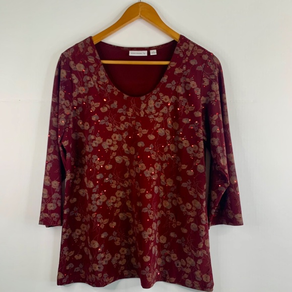 Burgundy/Red-colored leaf floral & sequined party/holiday/sparkling blouse - Picture 2 of 8
